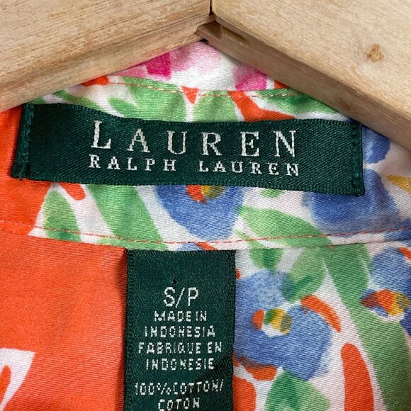 Lauren Ralph Lauren Womens Small Floral Button Up Shirt Vibrant Orange Blouse - Picture 3 of 7